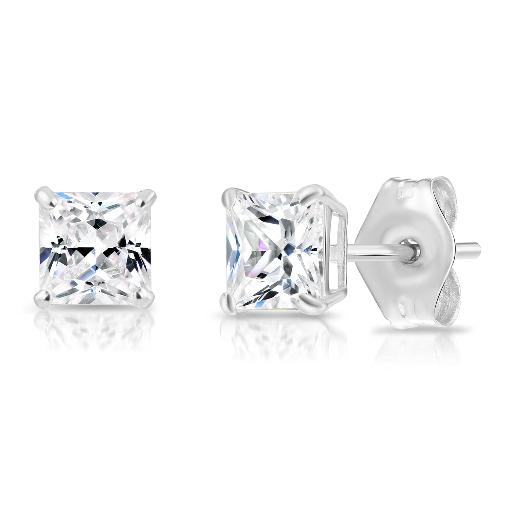 Tilo Jewelry 14k White Gold Princess Cut Square CZ Stud Post Earrings with Push-Backs (4MM) - Women, Men, Unisex