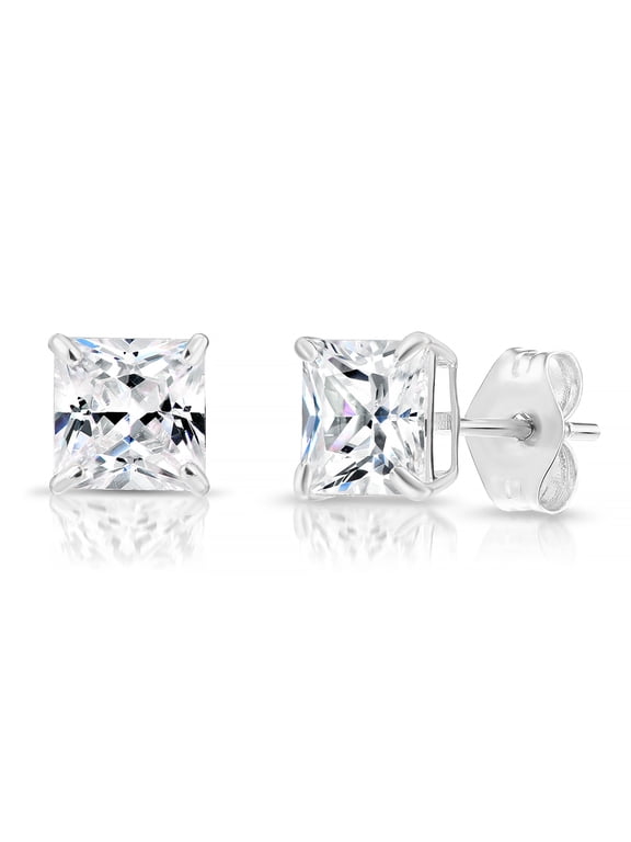 14k White Gold Princess Cut Square CZ Stud Post Earrings with Push-Backs (5MM) - Women, Men, Unisex