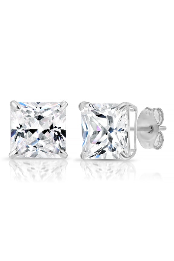 14k White Gold Princess Cut Square CZ Stud Post Earrings with Push-Backs (7MM) - Women, Men, Unisex