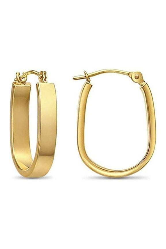 14k Yellow Gold Oval Flat Hoop Earrings with Rectangle Tube (0.75 inch) for Women & Unisex