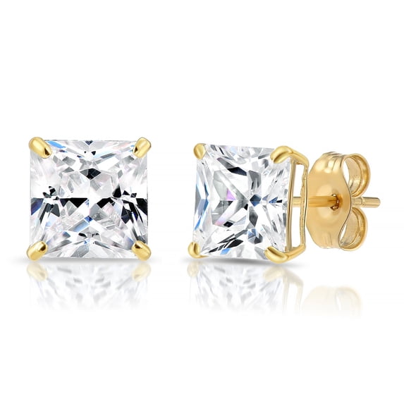 Tilo Jewelry 14k Yellow Gold Princess Cut Square CZ Stud Post Earrings with Secure Push-Backs (6MM) - Women, Men, Unisex