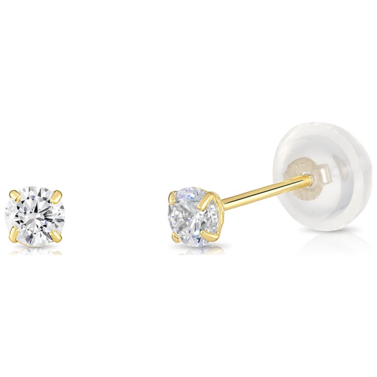 14K Yellow Gold Ball Stud Earrings, Silicone Covered Gold Push Backings (Unisex) 3mm