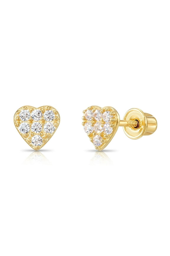 14K Yellow Gold Small Heart CZ Stud Post Earrings with Secure Screw-Backs | Everyday Dainty Small Earrings for Women & Unisex
