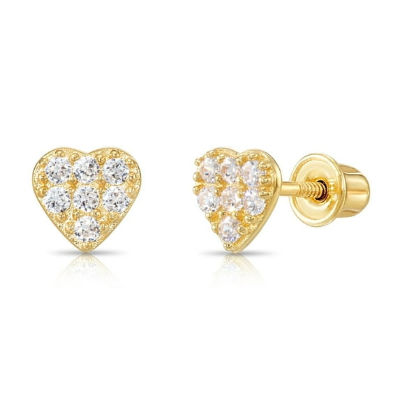 Tilo Jewelry 14K Yellow Gold Small Heart CZ Stud Post Earrings with Secure Screw-Backs | Everyday Dainty Small Earrings for Women & Unisex