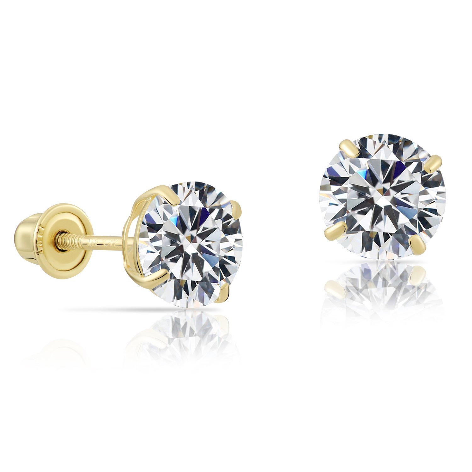 Tilo Jewelry 14k Yellow Gold Solitaire Round CZ Stud Post Earrings With Screw-Backs (7MM) - Women, Men, Unisex - image 1 of 8