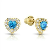 Tilo Jewelry 14k Yellow Gold Tiny Heart Stud Earrings with Blue CZ Birthstone | Screwback | December Blue Topaz | Girls