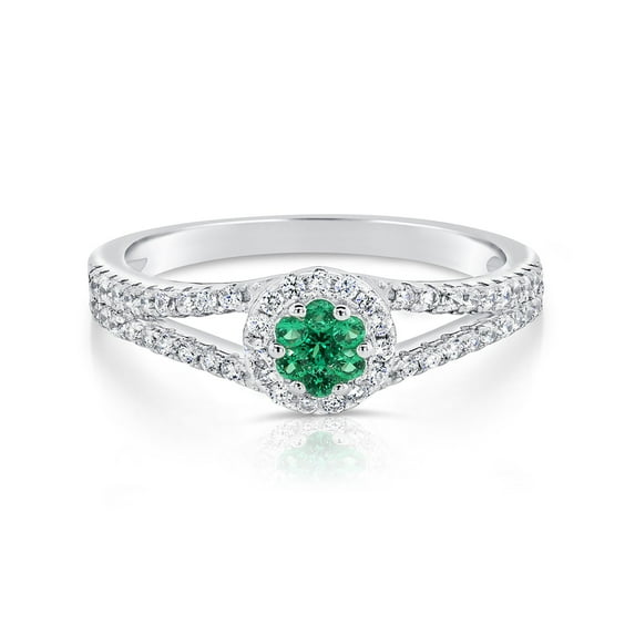 Tilo Jewelry 925 Sterling Silver Green Birthstone Round Halo Engagement Wedding Ring with Side-stone Accents | Size 7 | May-Emerald | Classic Engagement Ring for Women