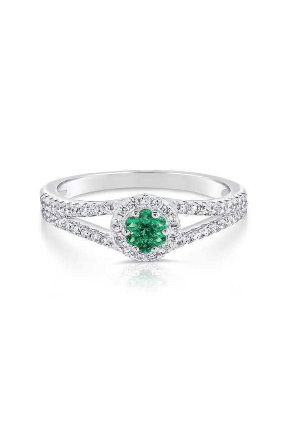 925 Sterling Silver Green Birthstone Round Halo Engagement Wedding Ring with Side-stone Accents | Size 7 | May-Emerald | Classic Engagement Ring for Women