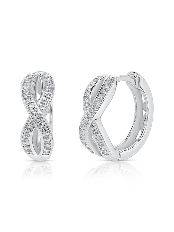 Solid 925 Sterling Silver Infinity Pave Huggie Hoop Earrings with Cubic Zirconia CZ Stones | 17mm Small | Dainty Everyday Earrings for Women & Unisex