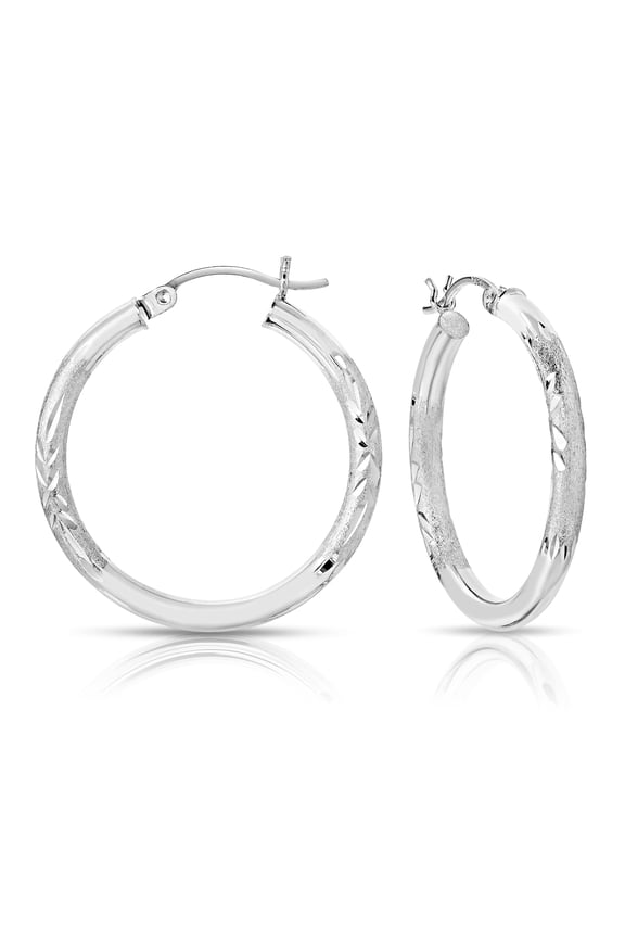 925 Sterling Silver 3mm Thick Chunky Round Hoop Earrings with Diamond-Cut Engraving (25mm - 1 Inch) for Women & Unisex