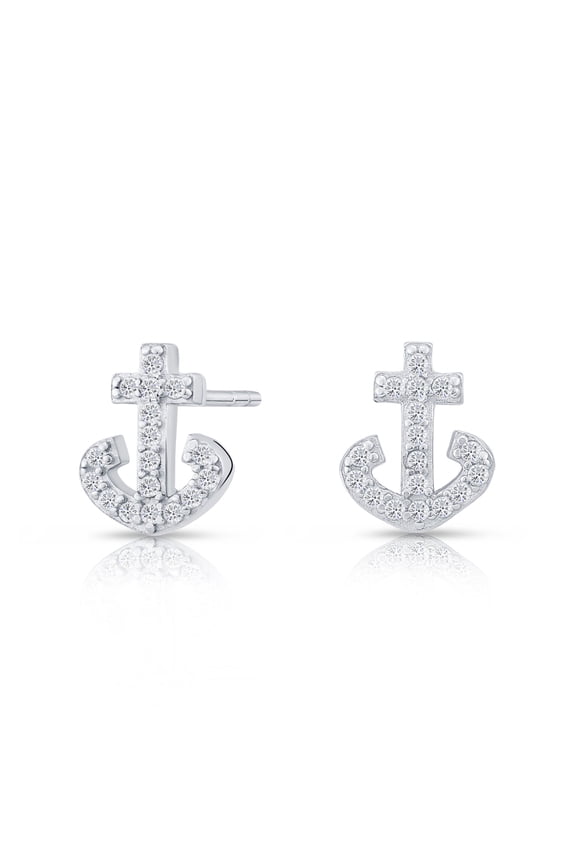 925 Sterling Silver Anchor Stud Earrings with Cubic Zirconia CZ Stones | Women, Men, Unisex