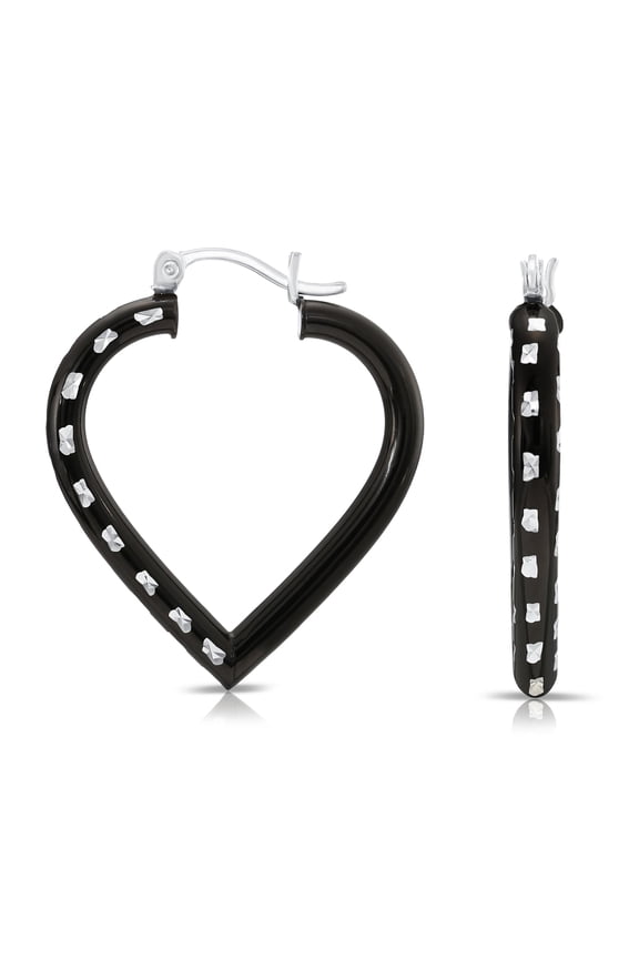 .925 Sterling Silver Black Heart Square Hoop Earrings for Women & Unisex