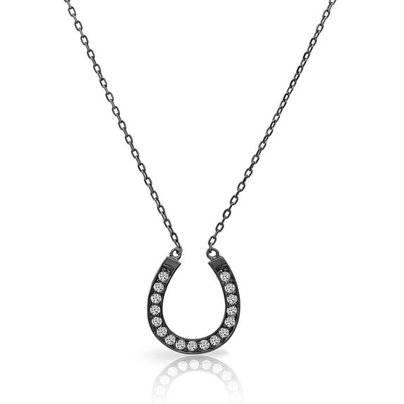 Tilo Jewelry Solid 925 Sterling Silver Black Pave Horseshoe Pendant Necklace with Cubic Zirconia CZ Stones | Women & Unisex | Adjustable 16 Inch to 18 Inch Cable Chain