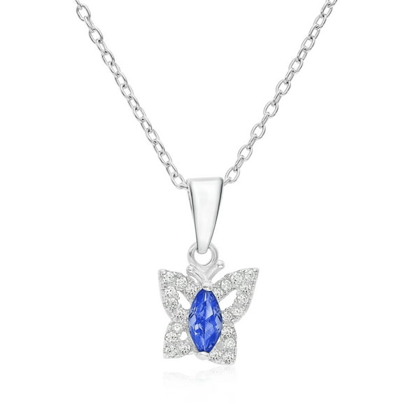 Tilo Jewelry 925 Sterling Silver Butterfly CZ Halo Birthstone Blue Pendant Necklace 18 Inch | September-Sapphire | Women & Unisex