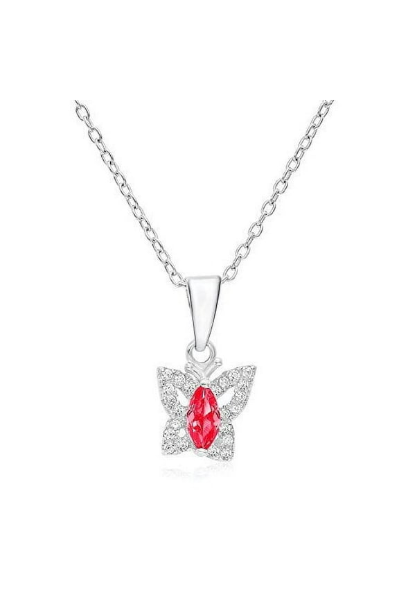 925 Sterling Silver Butterfly CZ Halo Birthstone Pink Pendant Necklace 18 Inch | July-Ruby | Women & Unisex