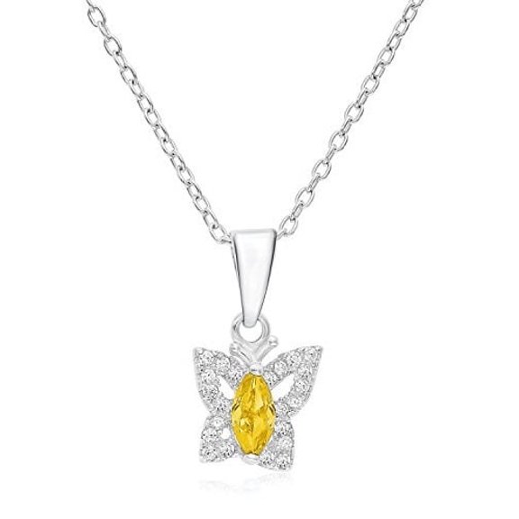 Tilo Jewelry 925 Sterling Silver Butterfly CZ Halo Birthstone Yellow Pendant Necklace 18 Inch | November-Citrine | Women & Unisex