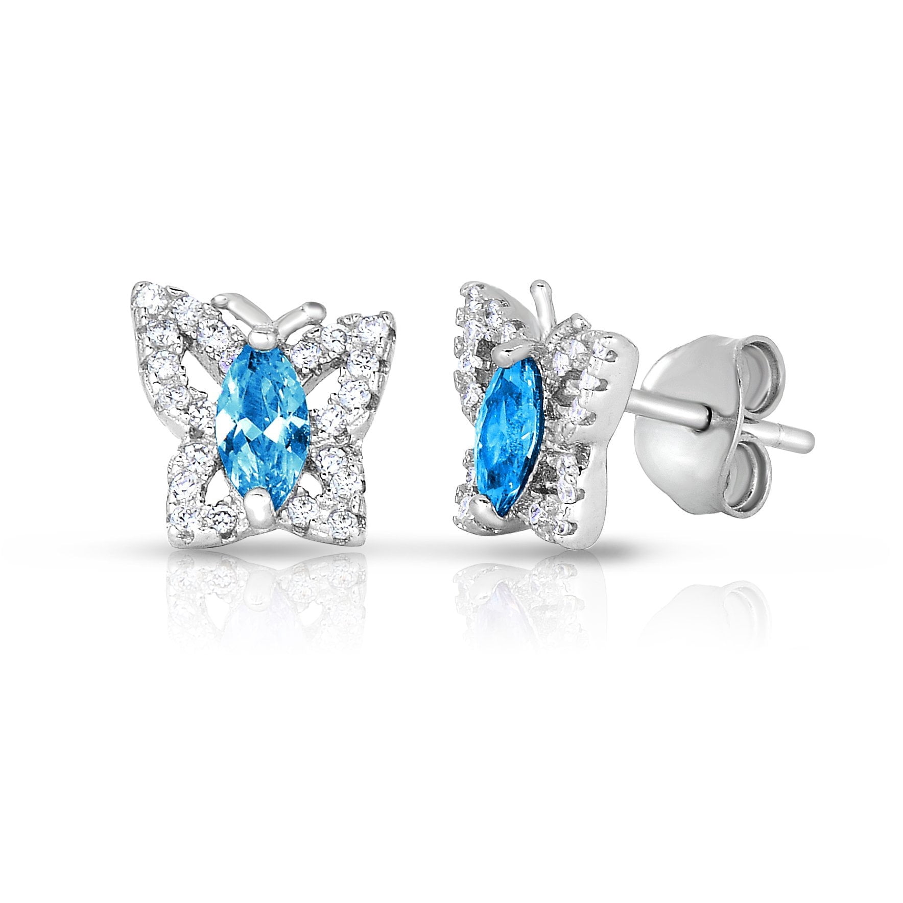 Tilo Jewelry 925 Sterling Silver Butterfly Halo CZ Birthstone Blue Stud Earrings | Secure Push-Backs | December-Blue Topaz | Women & Unisex