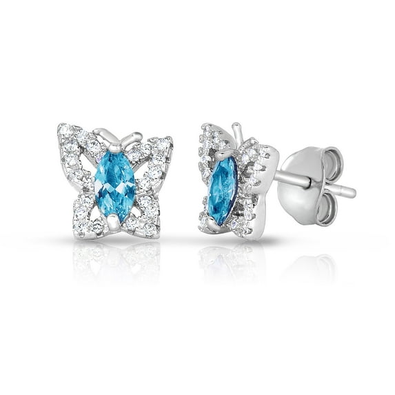Tilo Jewelry 925 Sterling Silver Butterfly Halo CZ Birthstone Blue Stud Earrings | Secure Push-Backs | March-Aquamarine | Women & Unisex