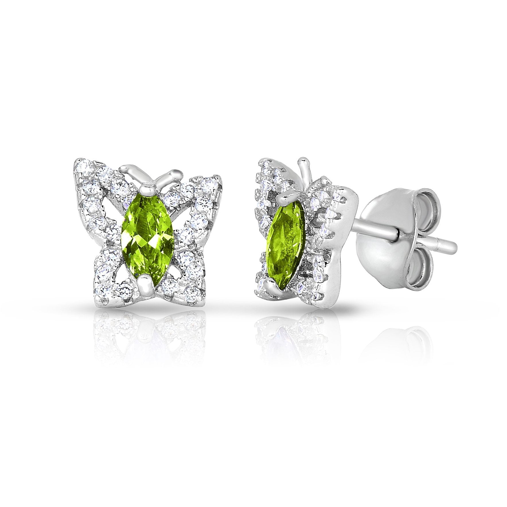 Tilo Jewelry 925 Sterling Silver Butterfly Halo CZ Birthstone Green Stud Earrings | Secure Push-Backs | August-Peridot | Women & Unisex