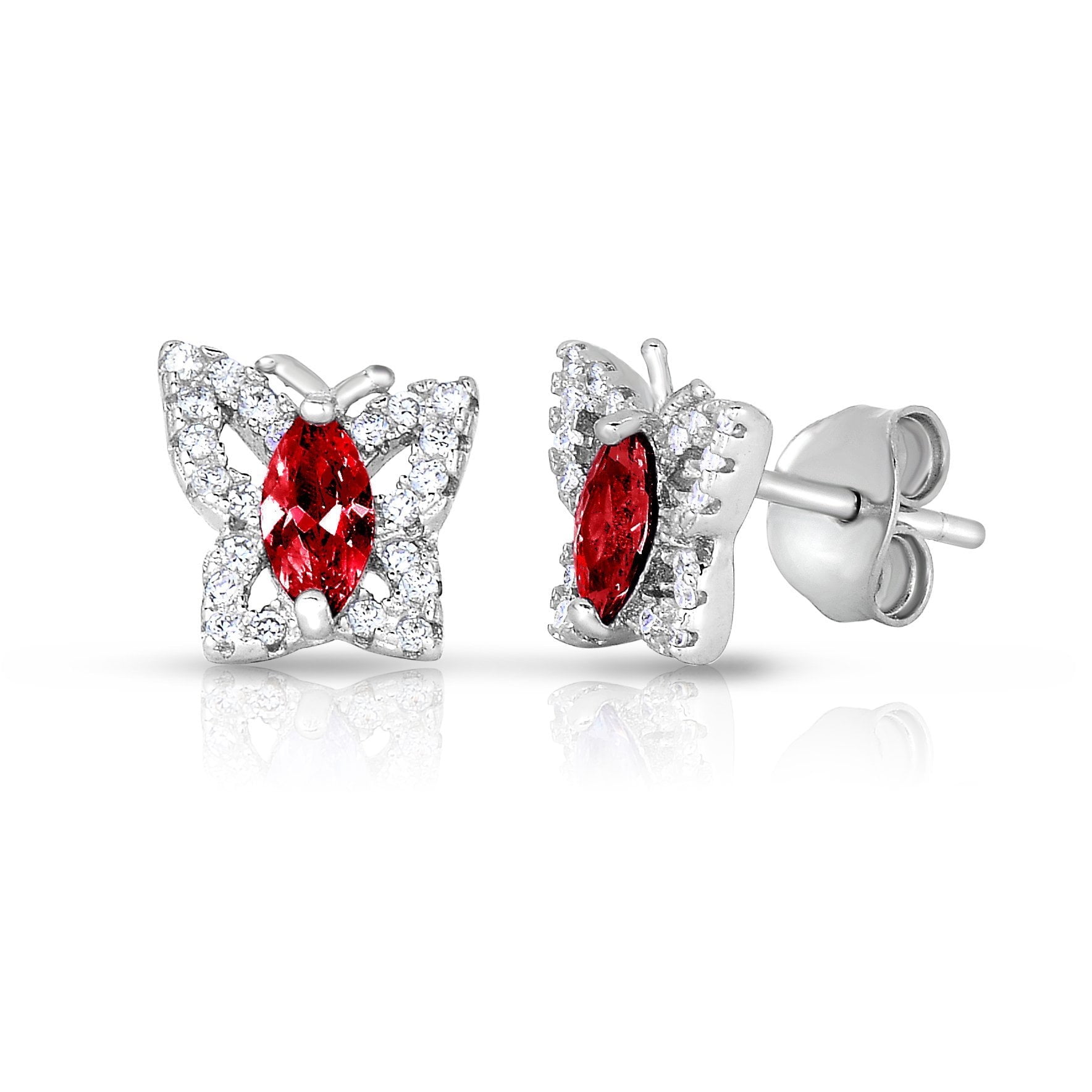 Tilo Jewelry 925 Sterling Silver Butterfly Halo CZ Birthstone Red Stud Earrings | Secure Push-Backs | January-Garnet | Women & Unisex