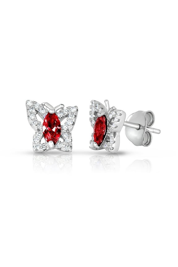 925 Sterling Silver Butterfly Halo CZ Birthstone Red Stud Earrings | Secure Push-Backs | January-Garnet | Women & Unisex