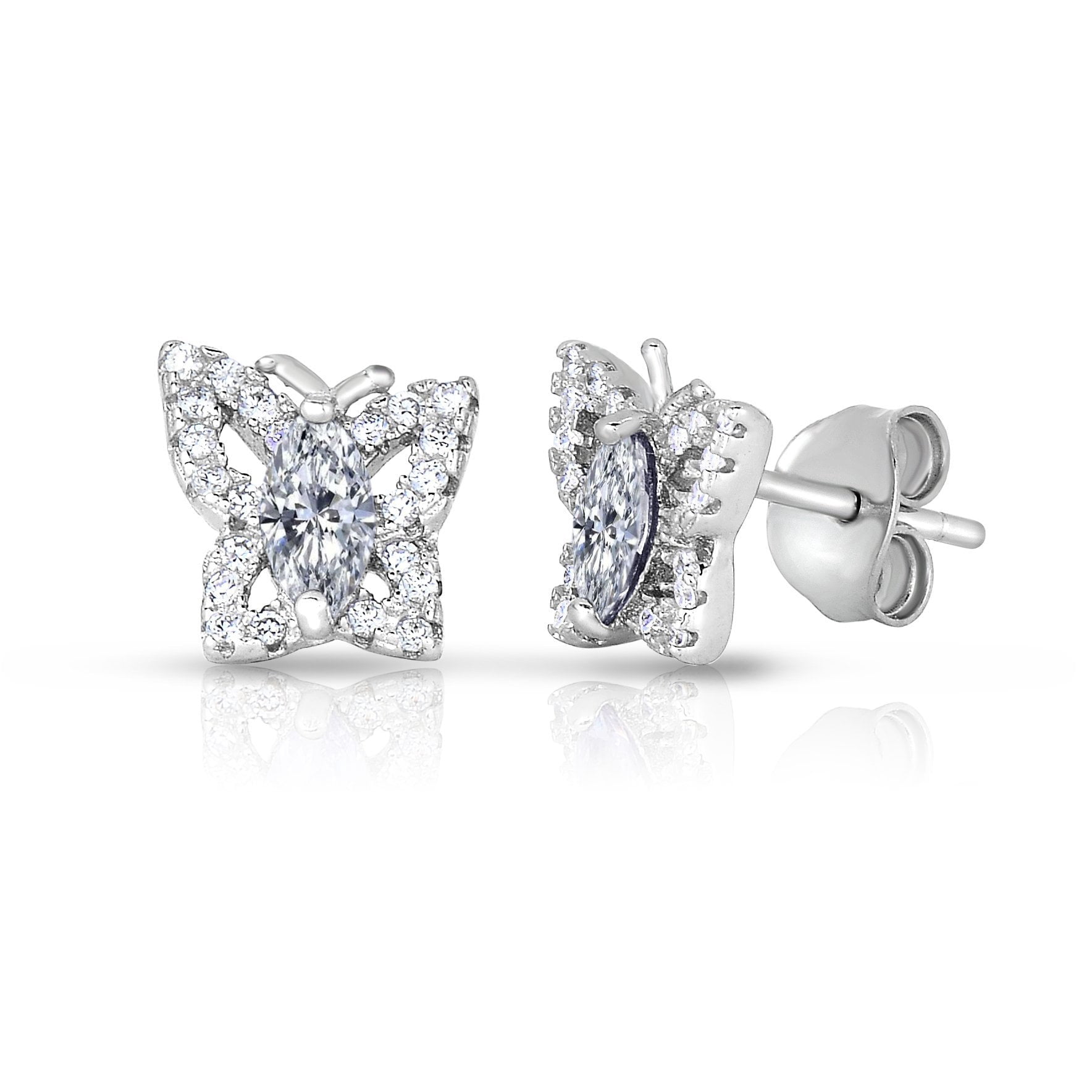 Tilo Jewelry 925 Sterling Silver Butterfly Halo CZ Birthstone Stud Earrings | Secure Push-Backs | April | Women & Unisex