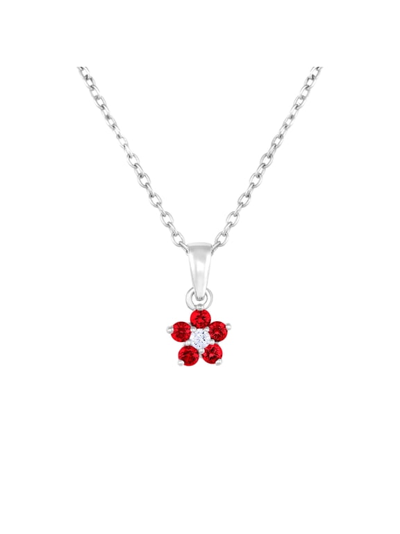 925 Sterling Silver CZ Flower Birthstone Pink Pendant Necklace 16 Inch | July-Ruby | Women, Men, Unisex