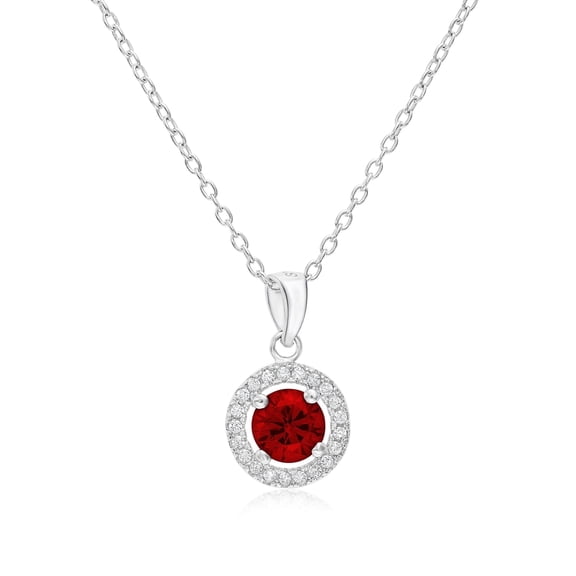 Tilo Jewelry 925 Sterling Silver CZ Halo Birthstone Red Pendant Necklace 18 Inch | January-Garnet | Women & Unisex