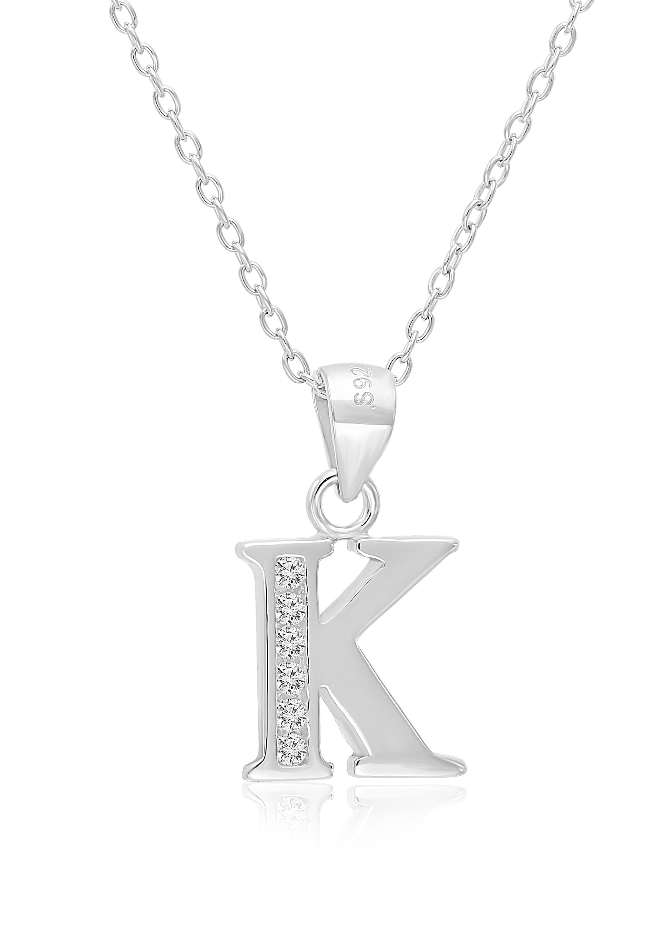 Tilo Jewelry 925 Sterling Silver CZ Initial Letter "K" Pendant Necklace for Women, Men & Unisex - 18 Inch