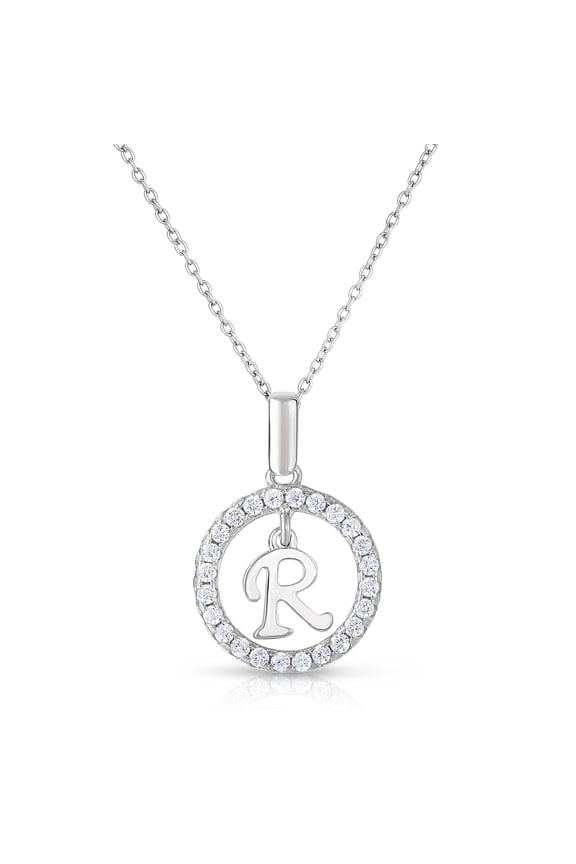 925 Sterling Silver CZ Initial Letter "R" Pendant Necklace for Women & Unisex - 16 Inch