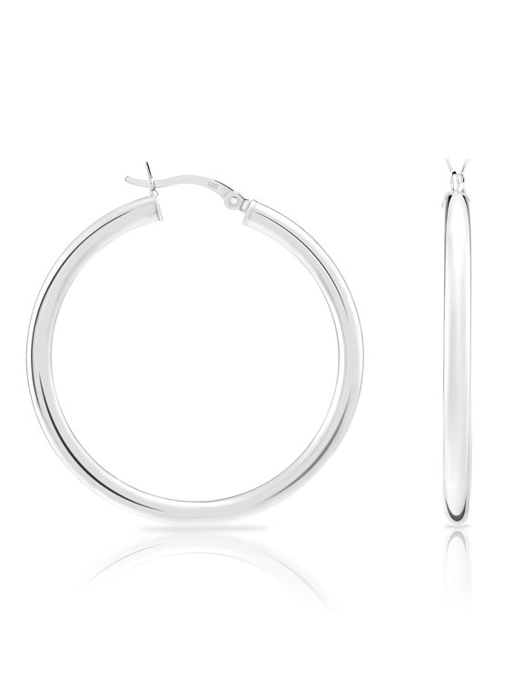 925 Sterling Silver Classic Polished Round Hoop Earrings, 3mm Tube (35mm) for Women & Unisex