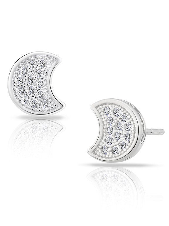 925 Sterling Silver Crescent Moon Stud Earrings with Cubic Zirconia CZ Stones | Secure Push-Backs | Women & Unisex