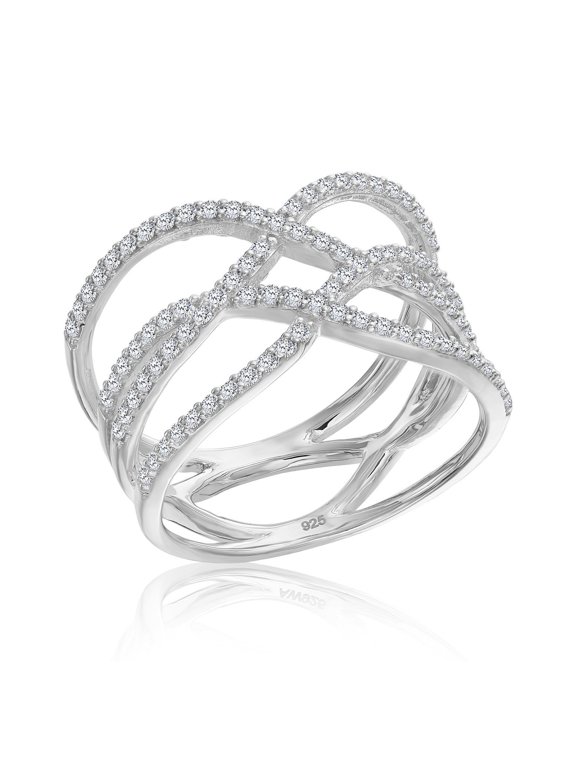 925 Sterling Silver Criss Cross Double X Ring with Cubic Zirconia Stones | Size 5 | Women & Unisex