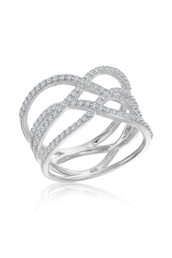 925 Sterling Silver Criss Cross Double X Ring with Cubic Zirconia Stones | Size 5 | Women & Unisex