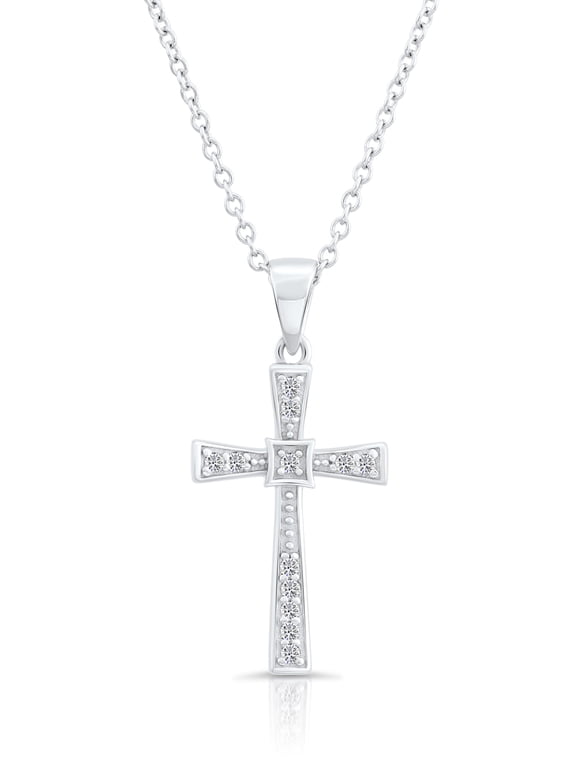.925 Sterling Silver Cross Pendant Necklace with Cubic Zirconia CZ Stones | 18 Inch | Women & Unisex