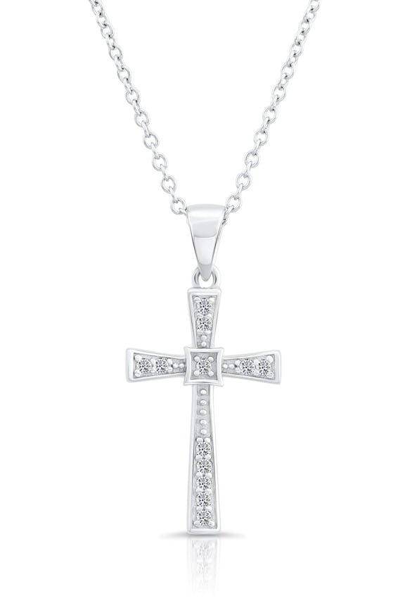 .925 Sterling Silver Cross Pendant Necklace with Cubic Zirconia CZ Stones | 18 Inch | Women & Unisex