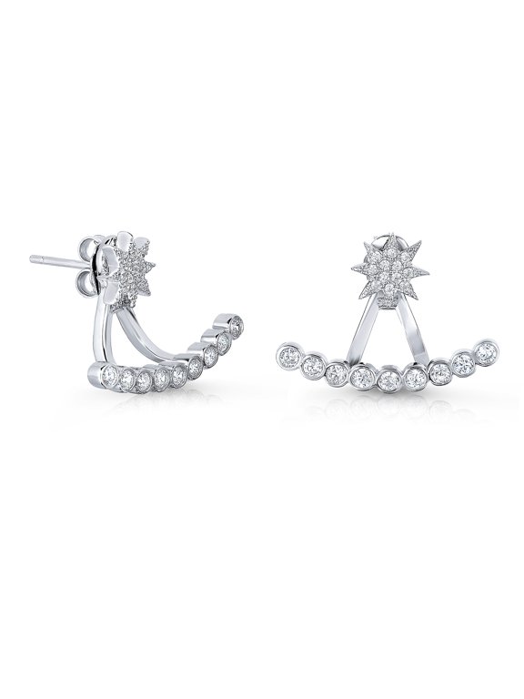 Solid 925 Sterling Silver Starburst CZ Curved Bar Ear Jacket Stud Earrings | Everyday Earrings for Women & Unisex