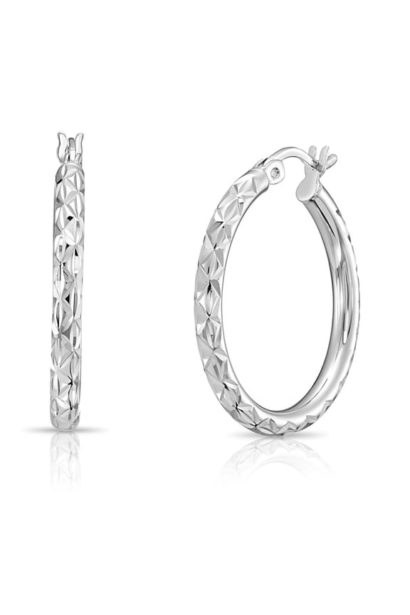 925 Sterling Silver Diamond-Cut Engraved Round Hoop Earrings for Women & Unisex | 25mm | X-Pattern Design