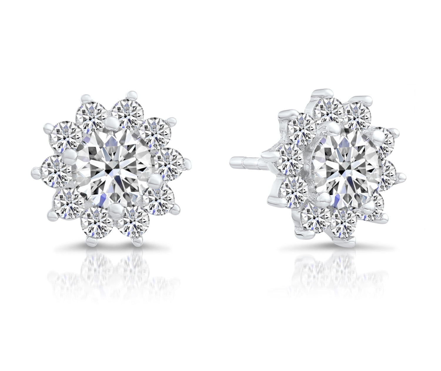 Tilo Jewelry .925 Sterling Silver Flower Halo Stud Earrings with Push-Backs & Cubic Zirconia Stones | Women, Men, Unisex