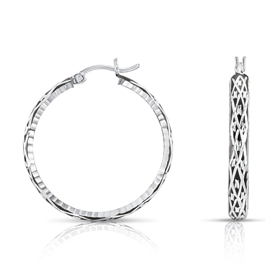 Tilo Jewelry 925 Sterling Silver Glossy Black Hand Engraved Hoop Earrings for Women & Unisex