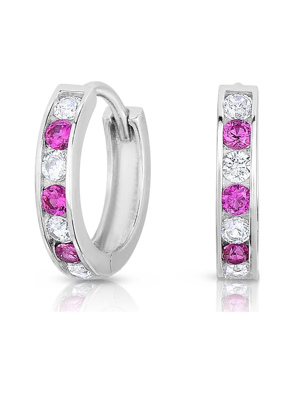 925 Sterling Silver Huggie Hoop Earrings with Red & White Cubic Zirconia CZ Birthstones | Small 13MM | Classic Everyday Earrings | Women, Men, Unisex