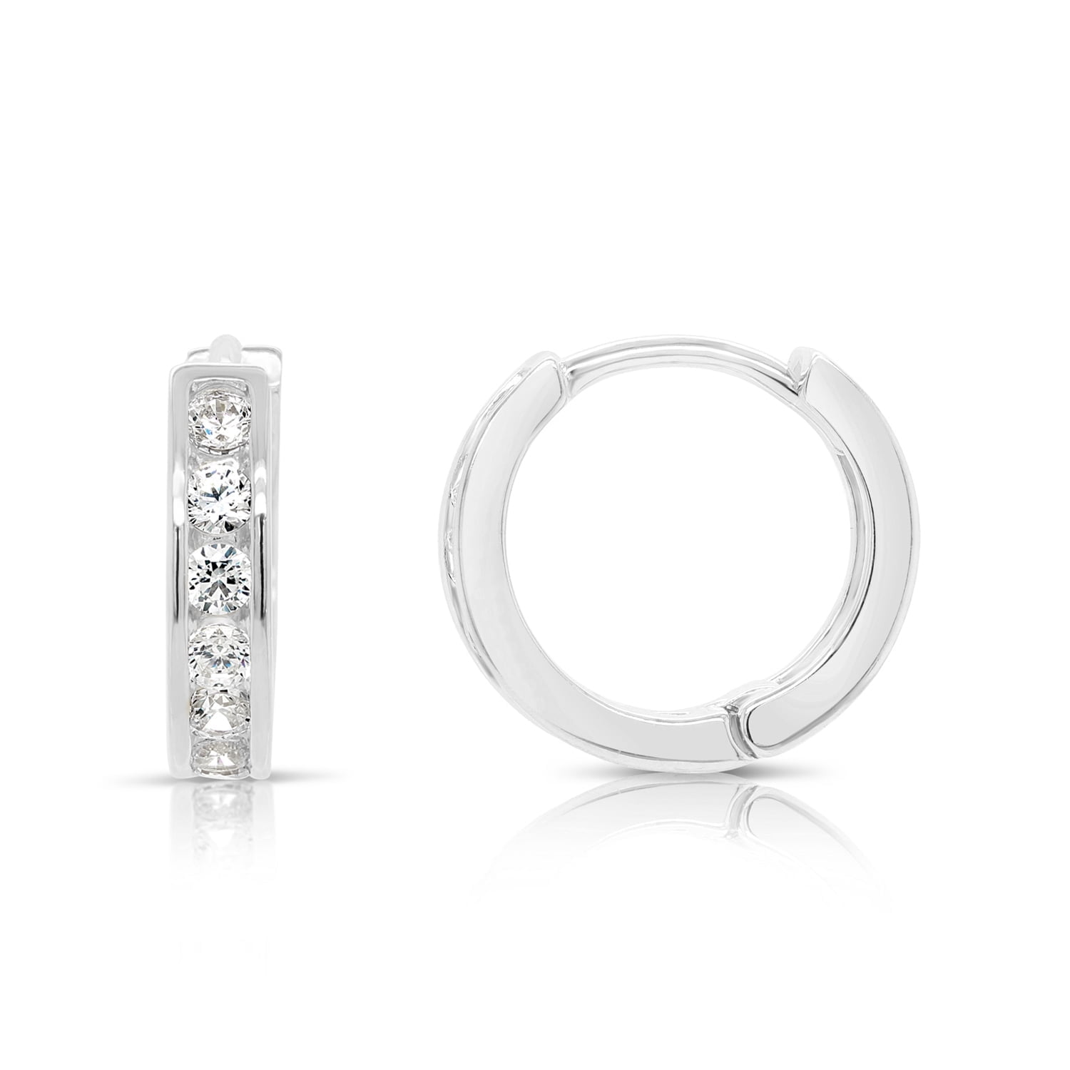 Tilo Jewelry 925 Sterling Silver Huggie Hoop Earrings with Cubic Zirconia CZ Stones | Small 13MM | Classic Everyday Earrings | Women, Men, Unisex