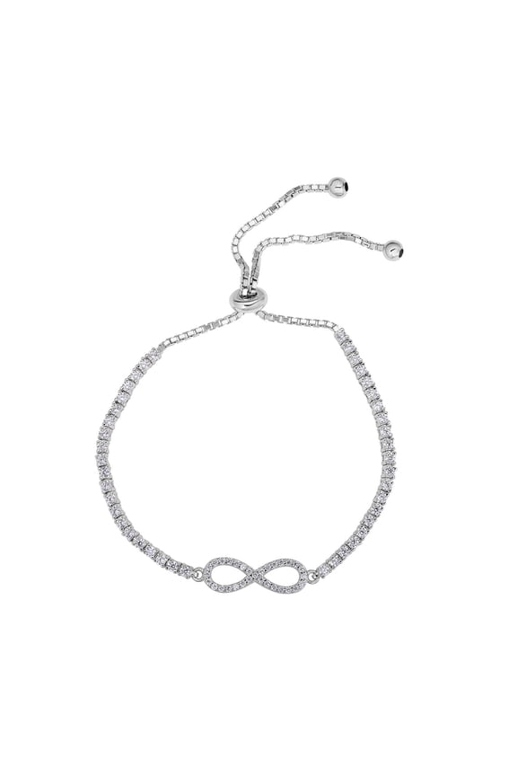 .925 Sterling Silver Infinity Bolo Friendship Bracelet with Cubic Zirconia CZ Stones | Adjustable Chain | Women, Men, Unisex