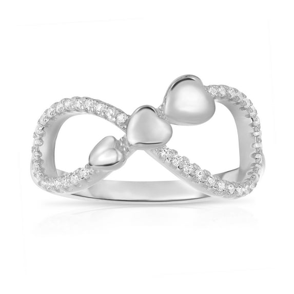 Tilo Jewelry 925 Sterling Silver Infinity Triple Heart Dainty Band Ring with Cubic Zirconia CZ Stones | Size 7 | Women & Unisex
