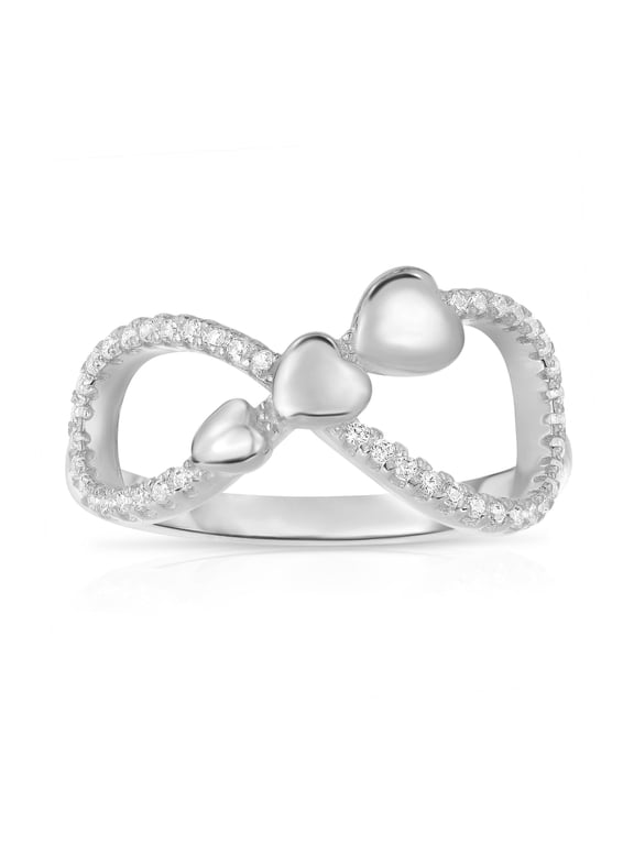 925 Sterling Silver Infinity Triple Heart Dainty Band Ring with Cubic Zirconia CZ Stones | Size 8 | Women & Unisex
