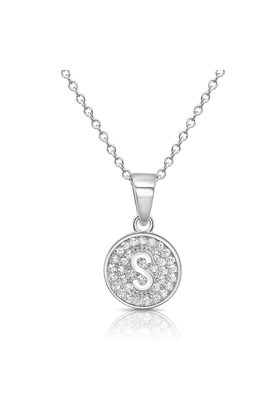.925 Sterling Silver Letter "S" Round Pendant Necklace with Cubic Zirconia CZ Stones | 16 Inch | Women & Unisex