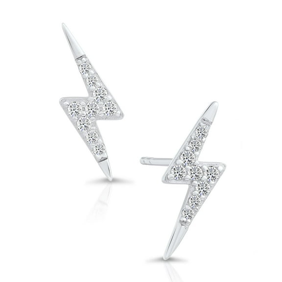Tilo Jewelry 925 Sterling Silver Lightning Bolt Stud Earrings with Cubic Zirconia CZ Stones | Secure Push-Backs | Women, Men, Unisex