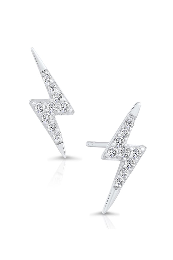 925 Sterling Silver Lightning Bolt Stud Earrings with Cubic Zirconia CZ Stones | Secure Push-Backs | Women, Men, Unisex