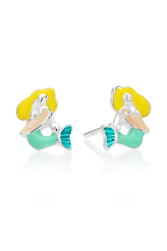 .925 Sterling Silver Little Mermaid Enamel Stud Earrings with Butterfly Push-Backings for Women & Unisex