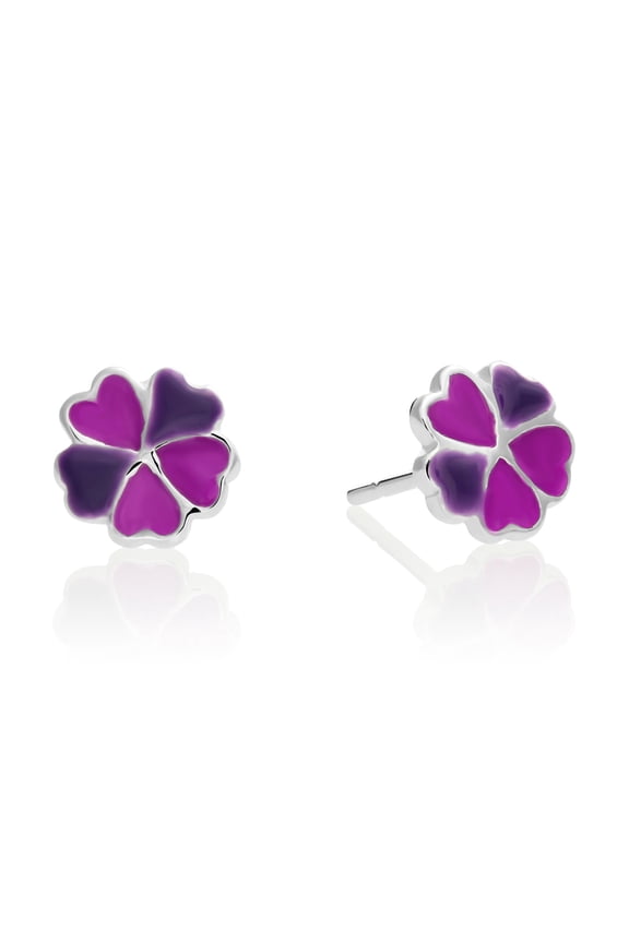 .925 Sterling Silver Little Purple Clover Enamel Stud Earrings with Butterfly Push-Backings for Women & Unisex